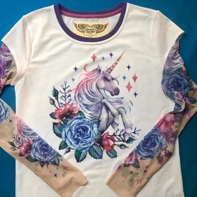 Футболки с полной запечаткой: Единорог с тату рукавами